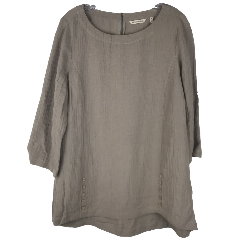 Soft Surroundings Oceo Gauze Tunic 3/4 Sleeve Top Buttons Tan Beige Medium
